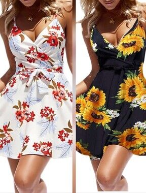 SET OF 2! - Floral Faux Wrap Sundressess - White Floral & Black Sunflower Print